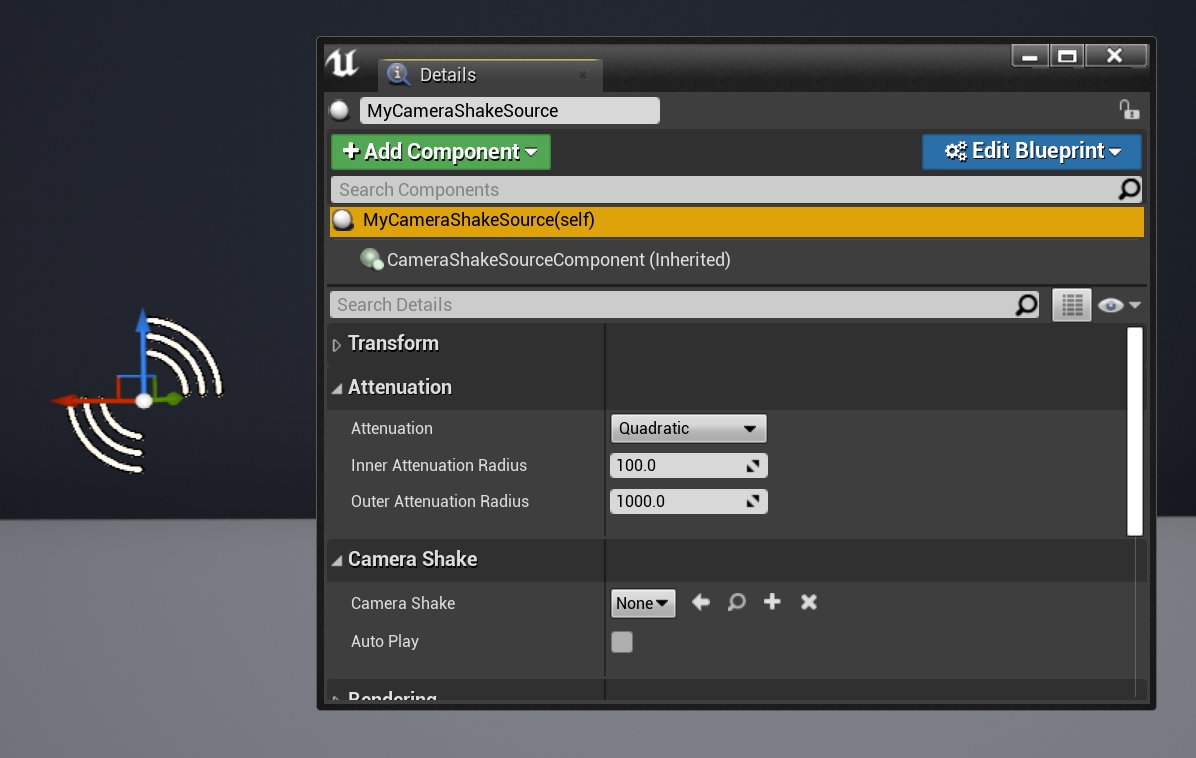 You can now create Camera Shake Source actors and components. These can be used to define a "shake source" with attenuation settings, then use Blueprint functions to dynamically drive the intensity of the shake based on distance from the current camera.