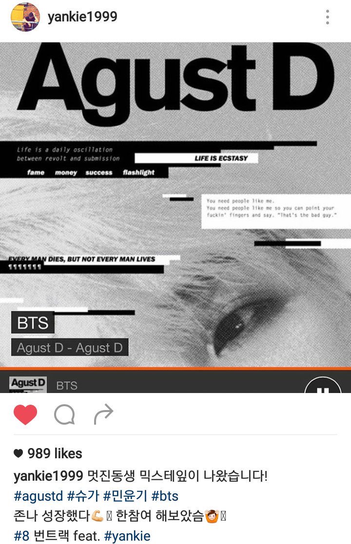 YankieYankie congratulating Yoongi on his mixtape release and shared this on an instagram post, he also has attended a few bts concerts which he also shared on Instagram