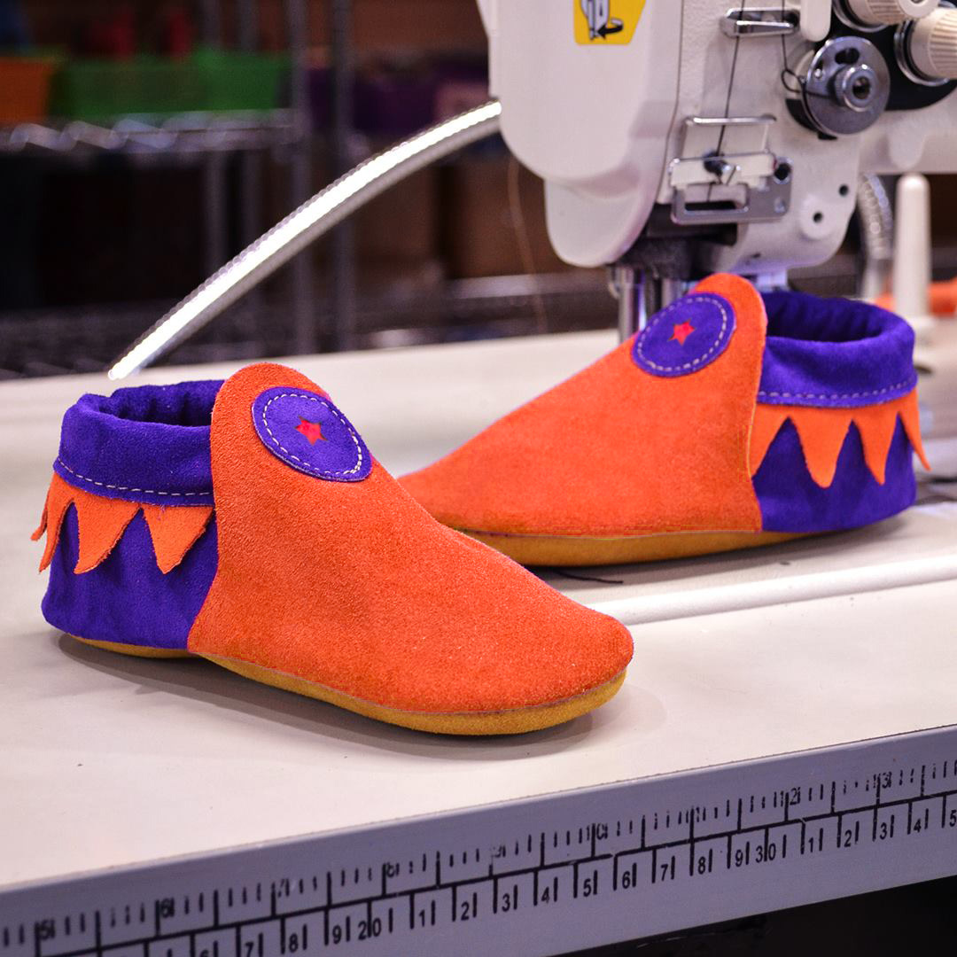 Suede Roo Moccasins in Orange and Navy 
