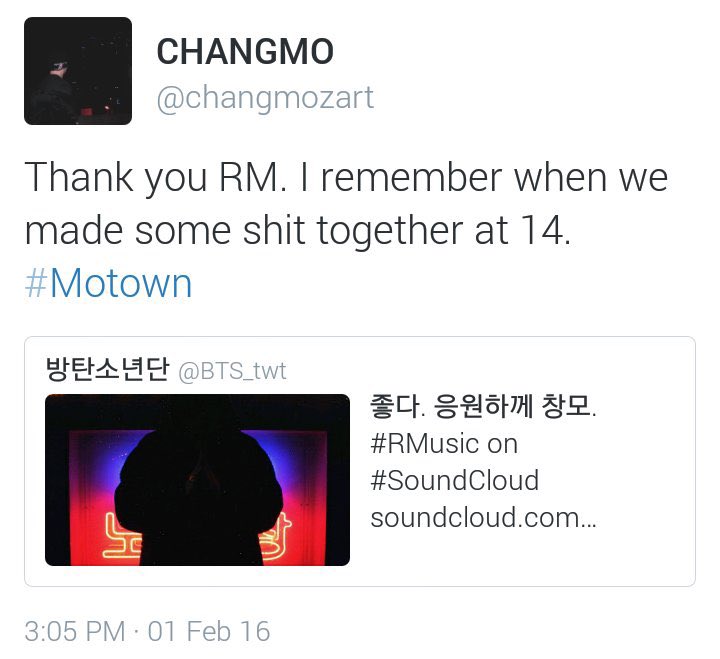 ChangmoChangmo is also childhood friends with RM and worked together in the underground scene. Back in 2016 when Changmo released his mixtape RM congratulated him.