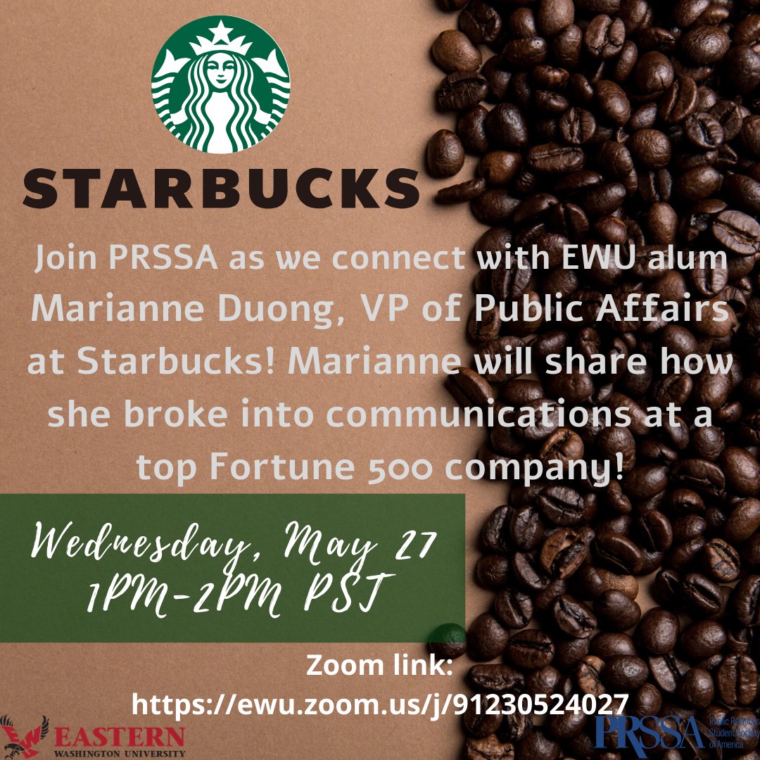 EWUPRSSA's tweet photo. Next on our PRSSA pro tour line up we have a member of our very own, Marianna Duong an EWU alum and VP of Public Affairs at Starbucks joining us May 27 from 1pm to 2pm! If you have any questions please comment below or DM us. https://t.co/LiGEYwzUey