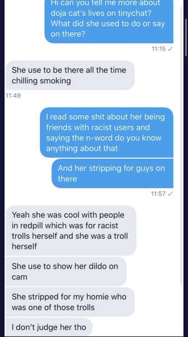 Doja Cat would livechat with groups of people on TinyChat. Many of these chats featured offensive comments and other sick things. She would supposedly strip/discuss sexual things with these people in private chats