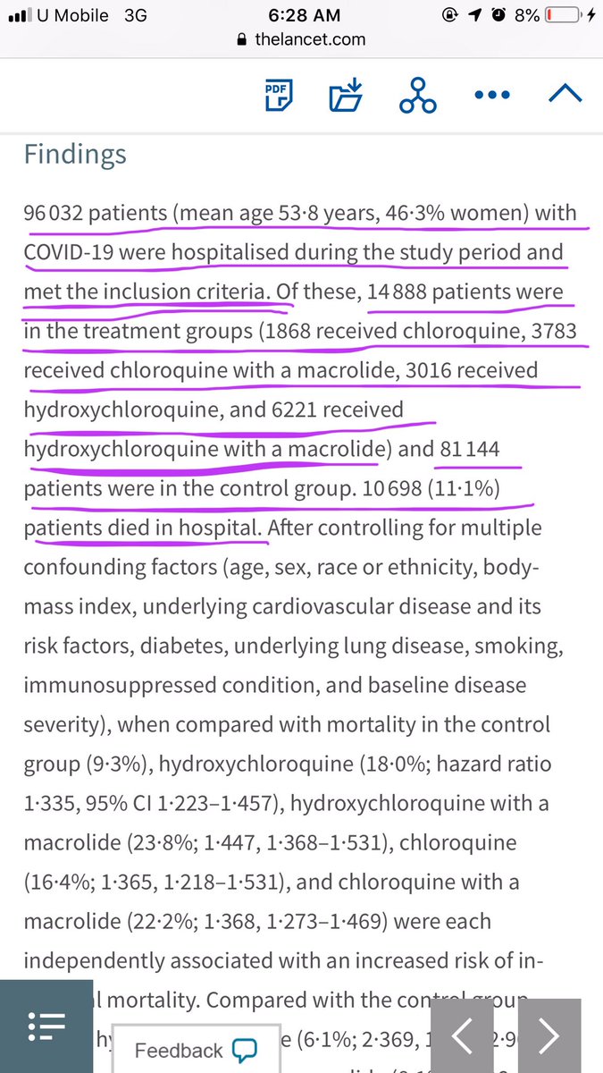 3. result ie the percentage of the patients administered HCQ who died for eg. There is a serious flaw here bcos these data were taken frm a hospital setting where doctors are working hard to save lives. Hence, the patients that ended up in this study who were administered HCQ