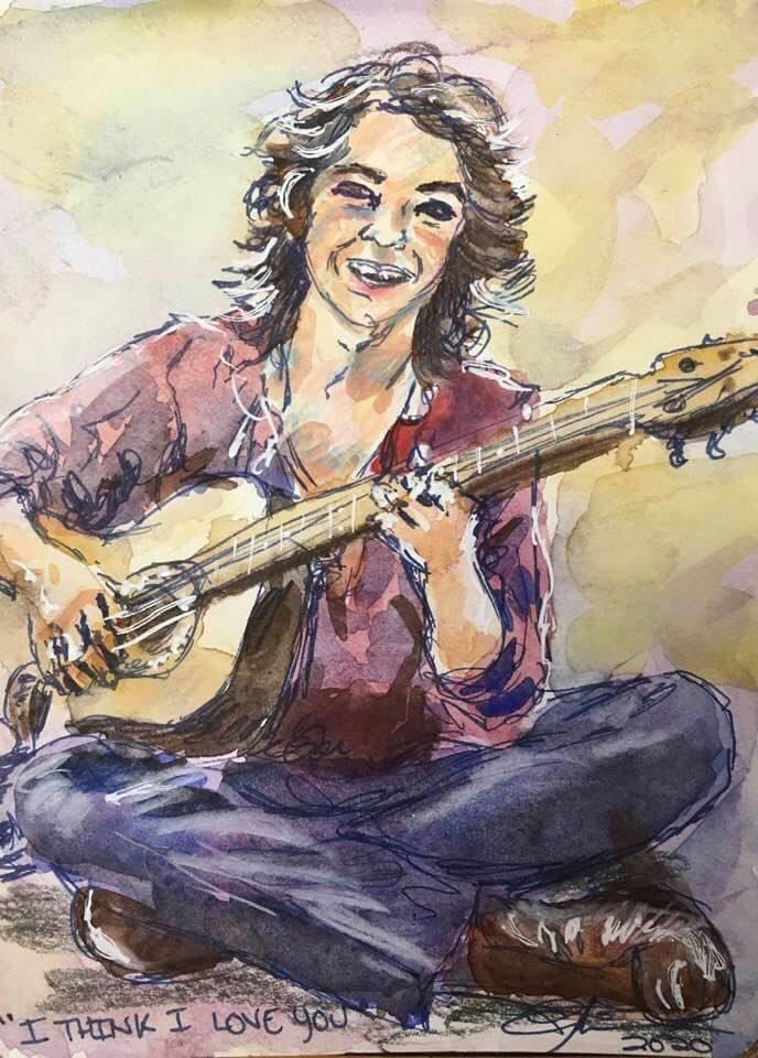 melvinsmama's tweet photo. Today’s #yycdoodlebugs prompt was, FIRST CRUSH. This isn’t the best because it’s really small. But, as you can see, even at age four, I was into musicians. Come on, get happy! #davidcassidy #partridgefamily #firstcrush #seventies #quarantinart #perimenopause #watercolour #mgraham https://t.co/w9uDfuclOq