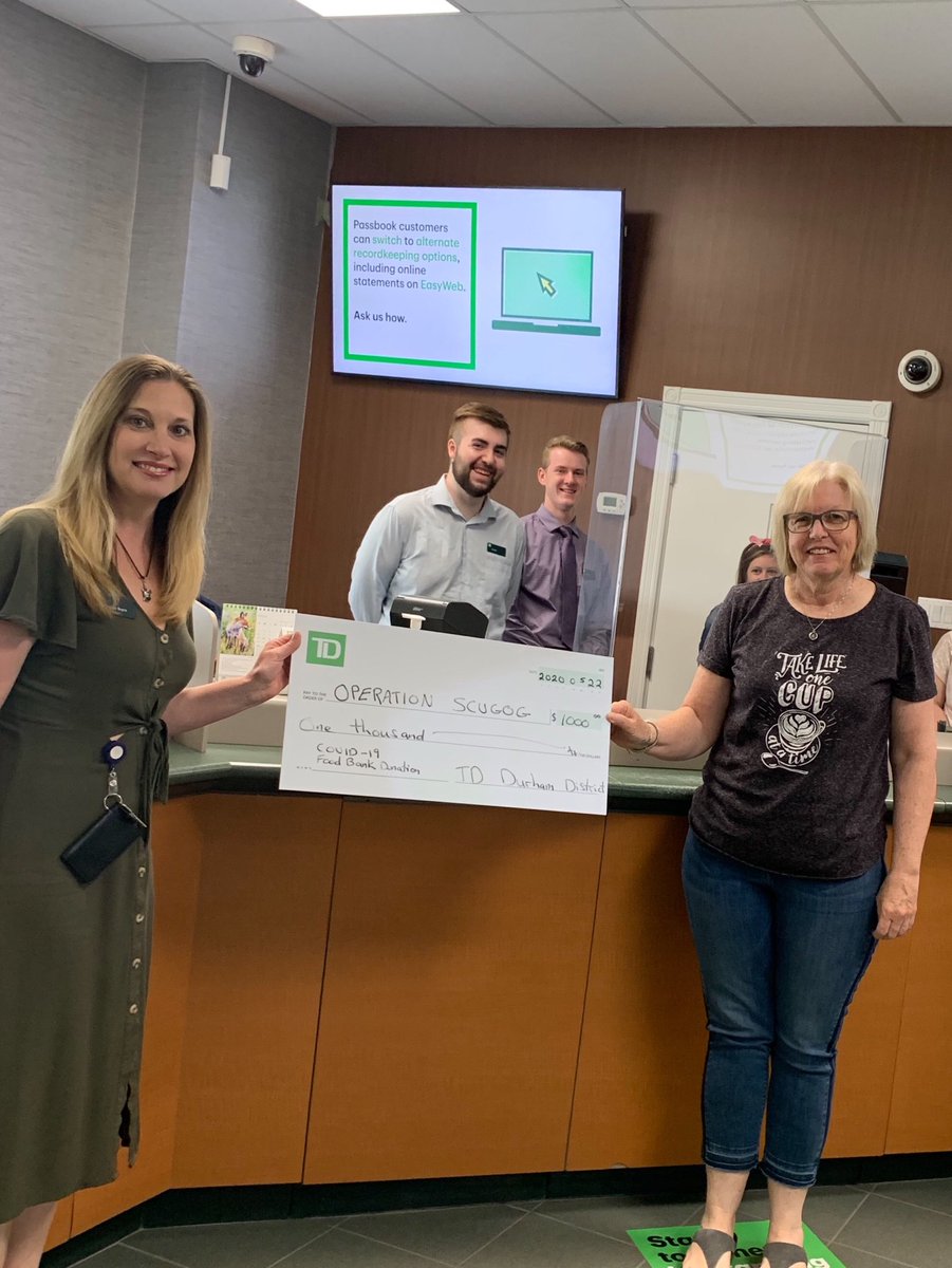 potteh2's tweet photo. So proud to present a donation to Operation Scugog Food Bank on behalf of TD Durham! #TDPlay ⁦@NeilR_Durham⁩ ⁦@scott_belton⁩ https://t.co/1RYPI2wHLN