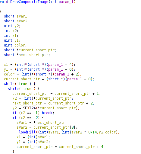 this subroutine is what draws the picture of the floppy disk. you pass it a pointer to the image, and it starts interpreting it a word at a time. the first words are the x and y coordinates, the color, and then the first command word. -2 means it is a flood fill!