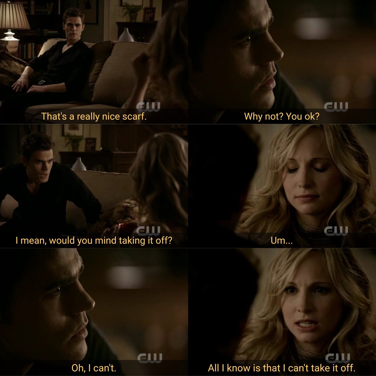 the same's always repeated. caroline's compelled not to take off her scarf but when damon asks her to go to the kitchen she refuses and he has to use compulsion again because SHE'S NOT COMPELLED TO DO WHATEVER HE WANTS
