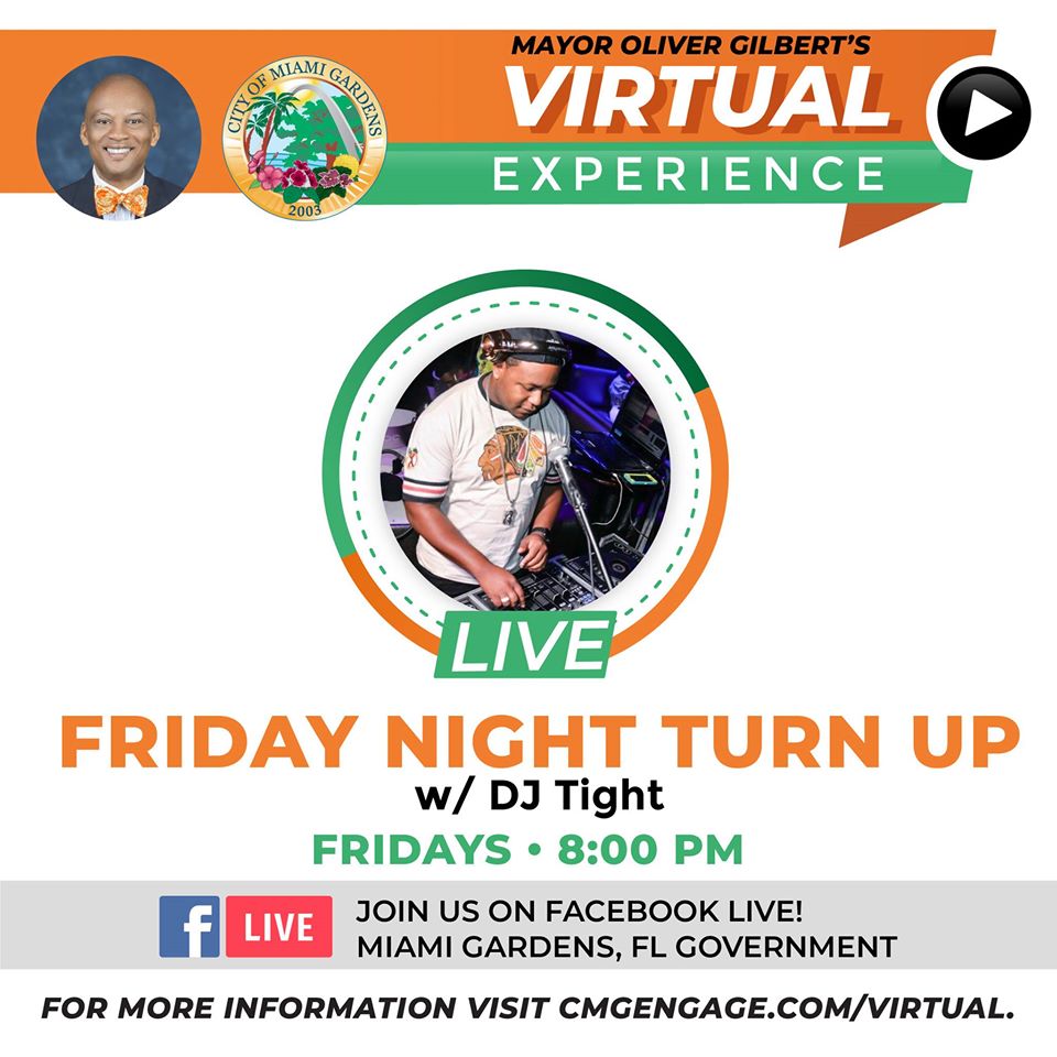 CityofMiaGarden's tweet photo. Turn up from home with DJ Tight at 8:00pm!
Link: https://t.co/4cYUA9jBMt
#FridayNightTurnUp #CMGVirtual #CMGEngage https://t.co/jQv3tgl2zD