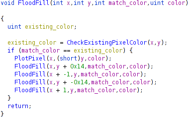 this flood fill algorithm is a *brilliant* recursive function! if the existing color at the current x,y is good (valid fill region) then you plot a pixel and then you try to flood fill the pixels N, S, E, and W! obviously keep the fill regions small or it kills the stack 