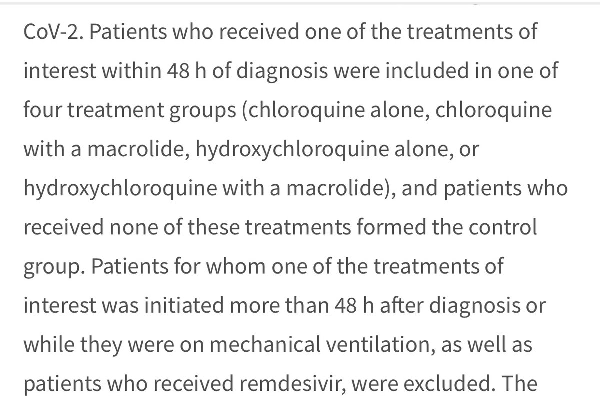 2 exclusionary factors: 1) Patients treated after 48 hours of dx- Could exclude more moderately ill pts? What is the baseline for severity of illness? 2) Patients on Remdesivir excluded. How about other txs? anti-HIV meds, interleukins? 3) Patients on ventilation- ok.