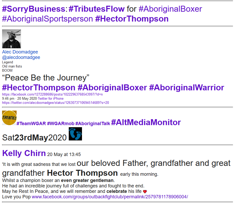 WgarNews's tweet photo. #SorryBusiness: #TributesFlow for #HectorThompson #AboriginalBoxer #AboriginalWarrior #AboriginalSportsperson https://t.co/2k9UvjNSOu | #ValeHectorThompson #RIPHectorThompson #HectorThompsonRIP https://t.co/KpnwAedryI | #AboriginalTraumaSupport #WGARmob: https://t.co/NSCw5kJljn https://t.co/cm7NwfdeS8