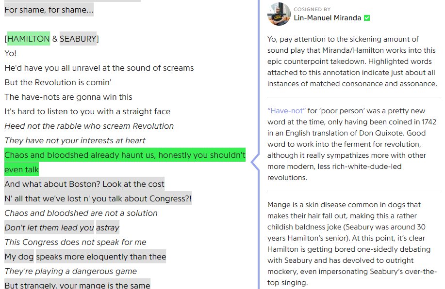 NUMBER FOURCheck out your favourite  #Hamilton song on  @Genius: http://genius.com/albums/Original-broadway-cast-of-hamilton/Hamilton-original-broadway-cast-recordingThe thorough annotations are absolutely insightful - some by  @Lin_Manuel himself! It continues to surprise me how deep/connected the lyrics are.Screenshots ft. THE MOST UNDERRATED SONG