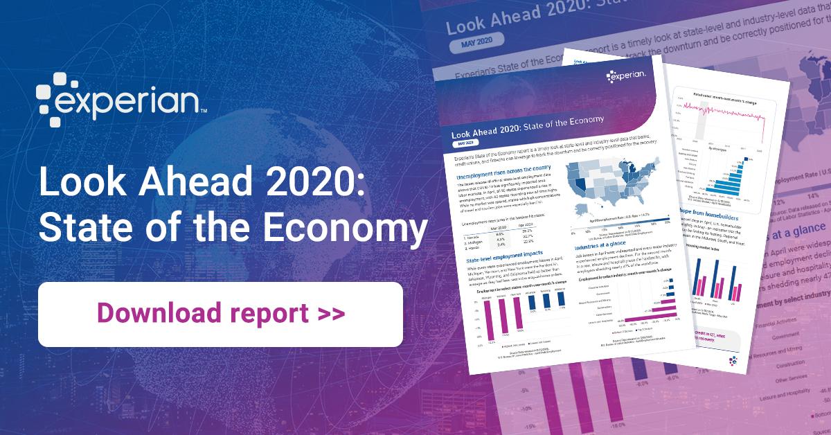 ExperianCredit's tweet photo. Get the latest data that #banks, credit unions, and #fintechs can leverage to track the downturn and be correctly positioned for the recovery in our new State of the Economy report for May 2020: https://t.co/z6PqCQv373 https://t.co/HJikSp1K7h