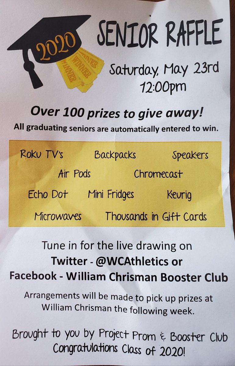 Senior Raffle tomorrow at noon! Live on Twitter and Facebook. Lots of giveaways!
