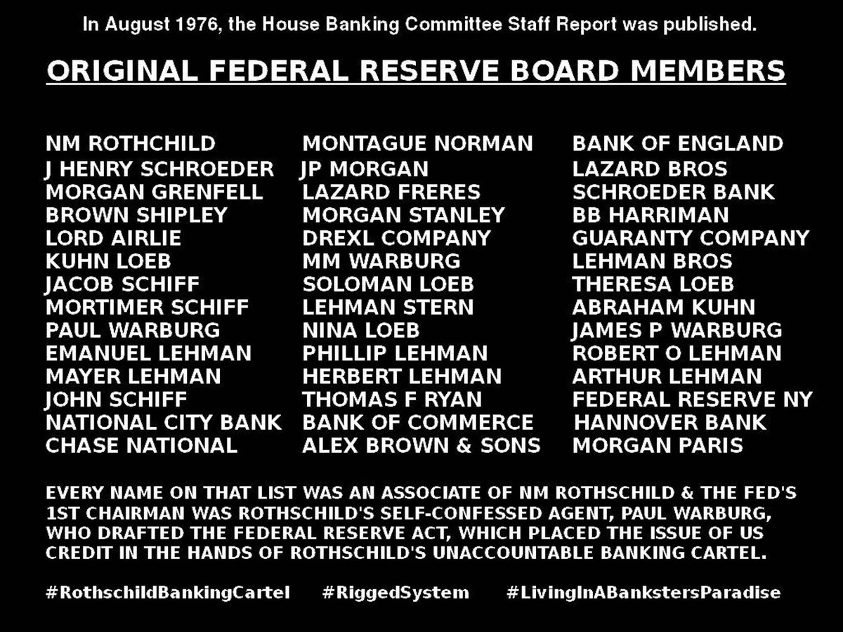 August 1976, The House Banking Committee Staff Report Lists The Original Federal Reserve Board Members.Every Single Name Was An Associate Of Nathan Mayer Rothschild, One Of The Five Sons Of The Second Generation Rothschild Banking Dynasty. (16. September, 1777 – 28. July, 1836)