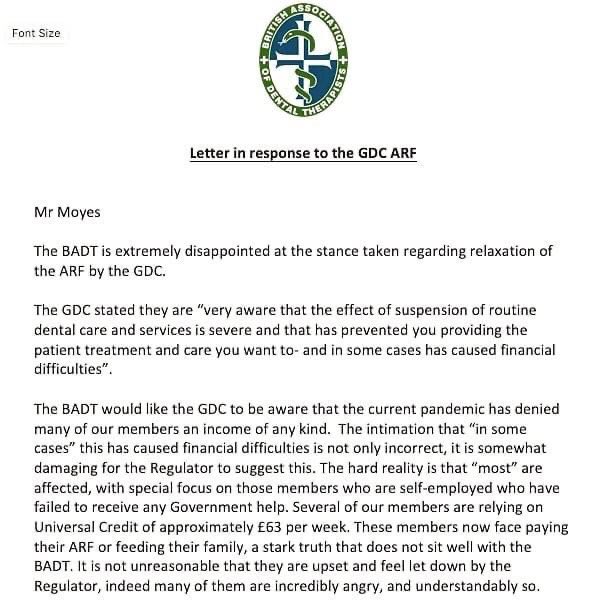 BADT1963's tweet photo. BADT response to the  @GDC_UK  showing total lack of empathy to the DCPs who can not work and have no income. A payment plan would been a huge arm around the profession .@DebbieHemington @debbiemcgovern. https://t.co/NrR6n47i8U