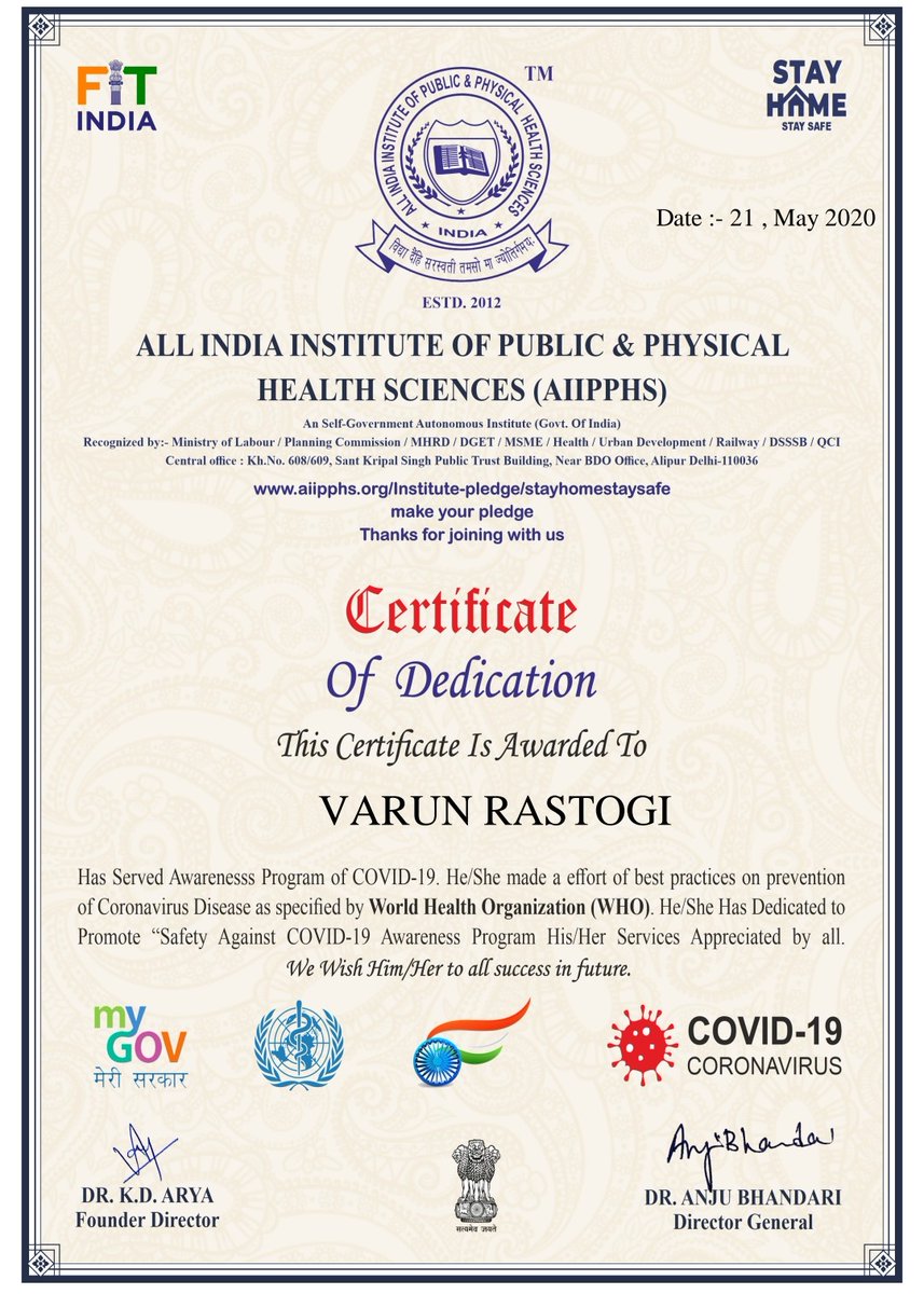 Thevarunrastogi's tweet photo. इस मान सम्मान के लिए Sagar Saurav जी व #All_India_Institute_Of_Public_and_Physical_Health_Sciences (#AIIPPHS) का बहुत बहुत धन्यवाद😊👏 https://t.co/2Y0id9NoWB