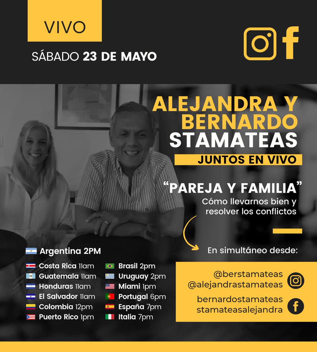BerStamateas's tweet photo. 🔴 SÁBADO 23 de MAYO 🔴

Estaremos haciendo un vivo a las 2PM( Argentina), junto a @AlejandraStamat
desde nuestras redes de Instagram y Facebook, hablando sobre un tema muy interesante: "PAREJA Y FAMILIA. Cómo llevarnos bien y resolver los conflictos". Conectate, te esperamos‼️ https://t.co/cNk8dQr81k