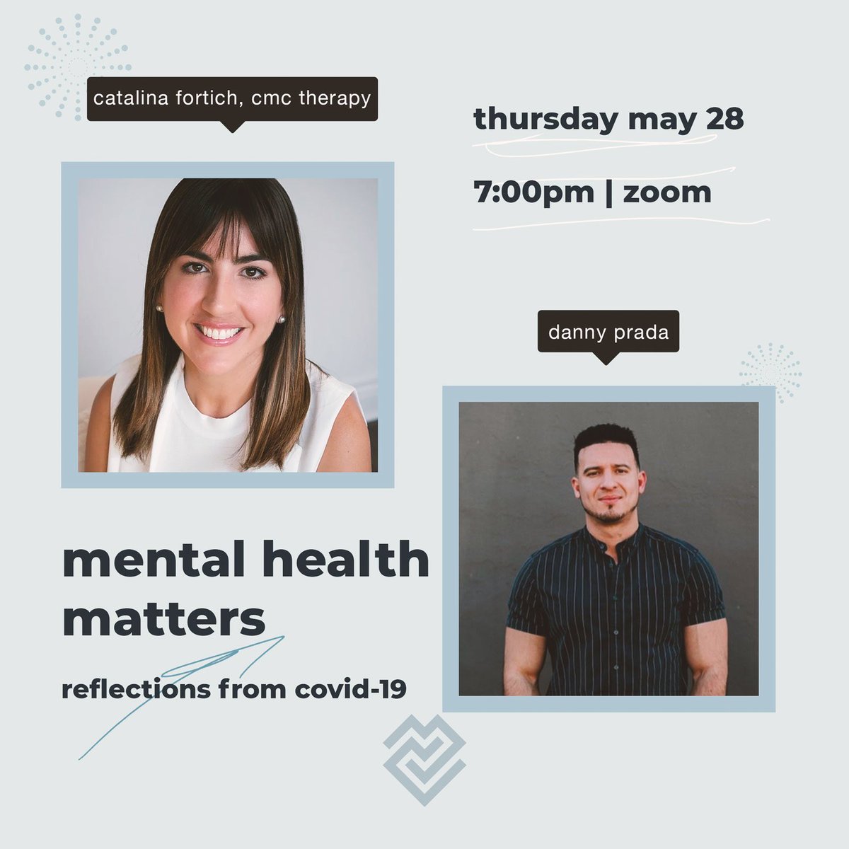 “Mental Health Matters - Reflections from Covid-19” | Join Pastor Danny this Thursday as he invites Catalina Fortich, a licensed marriage and family therapist, for a candid discussion on mental health.
—
May 28 @ 7PM | bit.ly/MentalHealthMa…