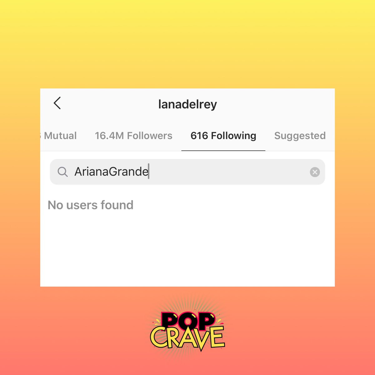PopCrave's tweet photo. Lana Del Rey unfollows Ariana Grande on IG after revealing she received “feedback” from “several people” she mentioned in her controversial post:

“Despite the feedback I’ve heard...whether it be Ariana or Doja Cat - I want to say that I remain firm in my clarity and stance...” https://t.co/PEYr2psXHb