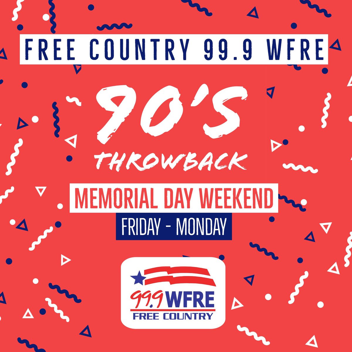 wfre's tweet photo. Ready for a 3-day weekend? Double-shots of classic Country hits kick off every hour through Monday during our “90’s Throwback Memorial Day Weekend” on 99.9 WFRE!
#WFRE #90sThrowbackWeekend #MemorialDayWeekend #FrederickMD https://t.co/FdBZYVd0fa