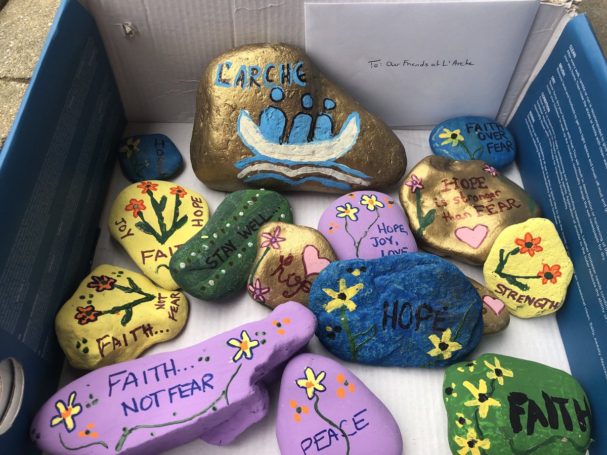 GoldsackLisa's tweet photo. Special delivery from Jenna to the L’Arche Bethany Home.  Missing her time volunteering with the residents #RocksOfHope #COVID19Kindness https://t.co/tSt3U9OIi1