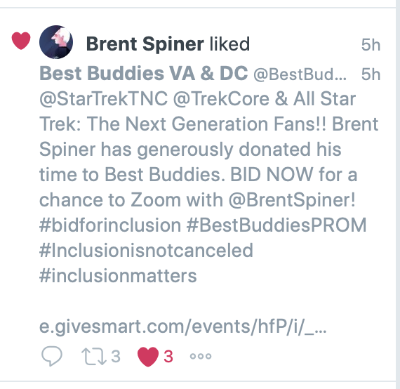 BestBuddiesVADC's tweet photo. @BrentSpiner LIKED US... He really liked us!!!!
Hey @StarTrekTNC @TrekCore
BID NOW for a chance to Zoom with @BrentSpiner! Make him proud! https://t.co/mczYRV0KqI
#bidforinclusion #BestBuddiesPROM #Inclusionisnotcanceled #inclusionmatters @olemiss549 @TommyMcFLY https://t.co/LQdT5WMhV3