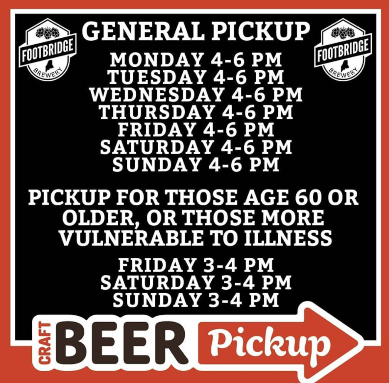 Back in Boothbay,  @Footbridge_Brew has been doing pickup, and even setting aside special hours for vulnerable/elderly if they need pickup as well. (First brewery I've seen do that, FWIW).