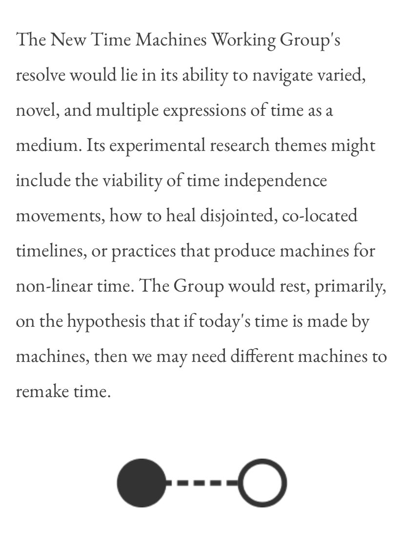New Time Machines Working Group — a collective created by  @keikreutler that treats time design as a political project„Perhaps one theory of change lies in a transformation of the quality of time: not whether, but which, and whose, watches we consult” https://www.ourmachine.net/writing/new-time-machines/