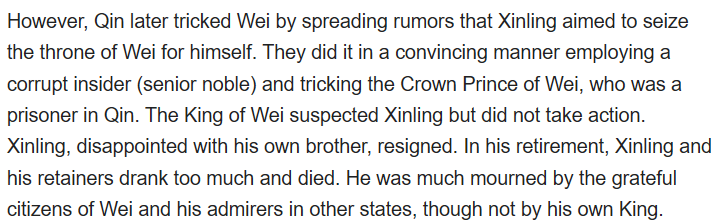 Wei Wuji (Lord Xinling) in the final years of his life, probably: FUCK, I SHOULD'VE LET YOU DIE IN THAT CITYYing Zheng: *finger guns while getting the King of Wei to dispose of Wei Wuji through a series of shady schemes*