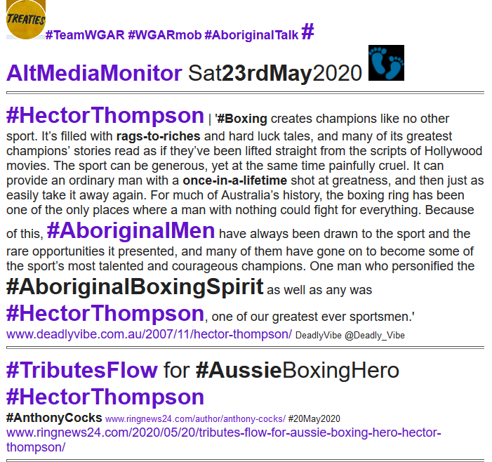 WgarNews's tweet photo. @3wombats @BakchosGlass @WhteRbbnAdvocat @lynlinking @LadyPoop2 @RobRobbEdwards @anne_clothier @JonesHowdareyou @RachelQuayle08 @denniallen @FatherBob #TributesFlow for #AussieBoxingHero #HectorThompson https://t.co/XV8gbmyRBq 1 #AboriginalMan who personified the #AboriginalBoxingSpirit was #HectorThompson https://t.co/fypWTxRy6V #DeadlyVibe @Deadly_Vibe #SorryBusiness: #HectorThompsonRIP #ValeHectorThompson | #AltMediaMonitor https://t.co/vN9Y5mml8v
