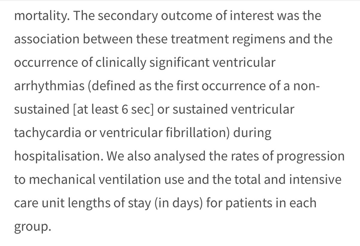 The second primary outcome examined is arrhythmia which is defined as the “first occurrence of a non-sustained [at least 6 sec] or sustained ventricular tachycardia or ventricular fibrillation) during hospitalisation.” Ie no mention of timing wrt tx (after or before treatment?)