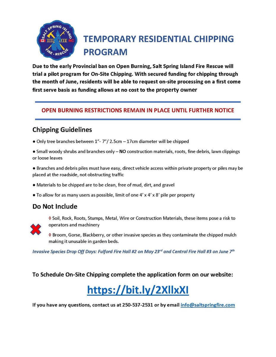 SSIFR is very excited to announce a special FireSmart Residential Chipping Program starting June thanks to a grant. This pilot project will help reduce combustible fuel loads due to the early Provncial Burn Ban.  To apply please visit bit.ly/2XllxXI
