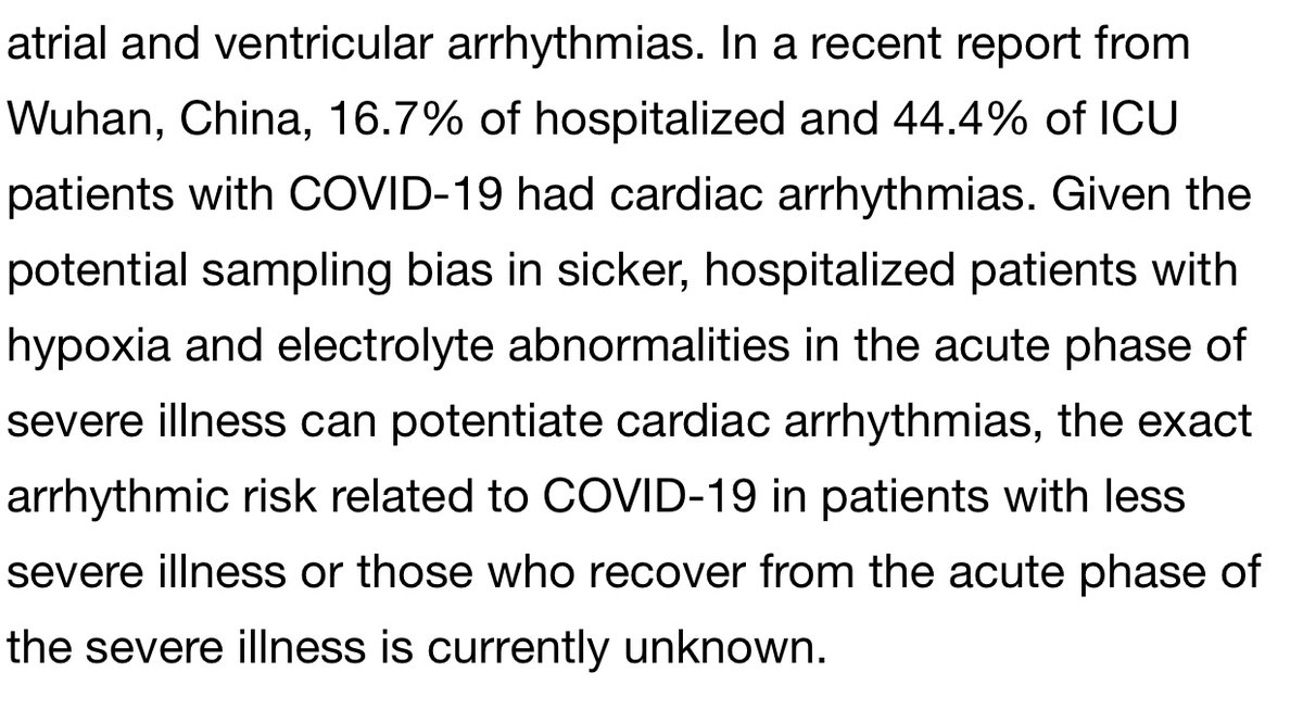 It is of note however as has been pointed out by many MDs and in this separate clinical study referenced below that COVID-19 (in particular severe cases) is already strongly associated with arrhythmias.  https://clinicaltrials.gov/ct2/show/NCT04358029