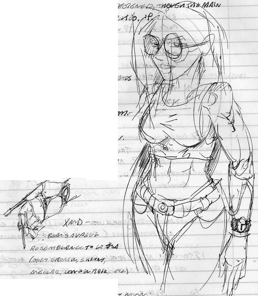 An OC That's Difficult To Write/Draw? - Xand was changed extensively right before production started. Originally all 4 limbs were mechanical prosthetics (the other three were changed to "high grade"), and her hair was changed from purple to pink to avoid comparison to RPG World.