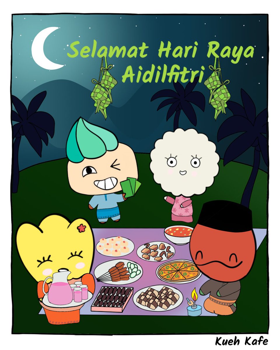KuehKafe's tweet photo. The Kuehs wish everyone Selamat Hari Raya Aidilfitri! Peace and Love!
.
.
#puasa #eid #hariraya #lebaran #holiday #islam #peace #love #sgunited #singaporetogether #comics #sgart #kuehkafe https://t.co/CF5iFqdAtg