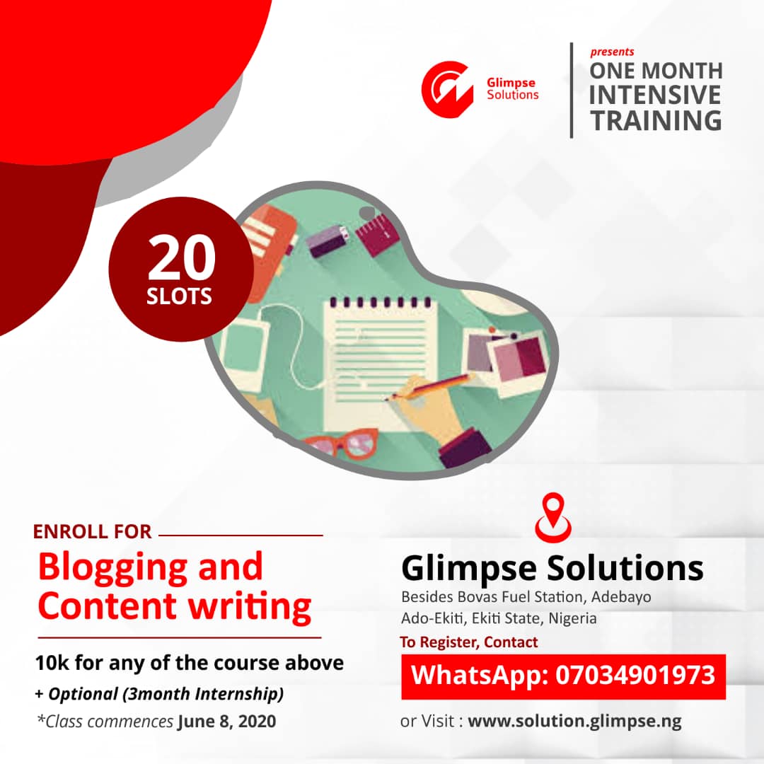 iamadaratosin's tweet photo. If you're #Ekiti This is an opportunity to learn the following skills, Web Design &amp; Development, Digital Marketing &amp; Strategy, Solar installation, Blogging &amp; content creation, Graphics &amp; brand design,
Class commence  8, June 2020. With a Token of 10k for a Month. https://t.co/eU819K8wx7