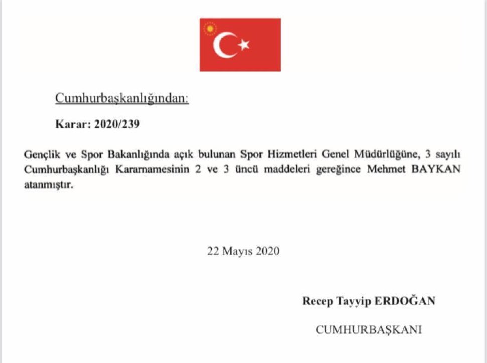 Spor Genel Müdürlüğü görevini yürüten Sayın Mehmet Baykan, aynı görevine asaleten atanmıştır.Tebrik ediyoruz.Türk Sporu için Hayırlı olsun. <a href="/mehbaykan/">Mehmet Baykan</a> <a href="/AliDusmezz/">ALİ DÜŞMEZ</a>