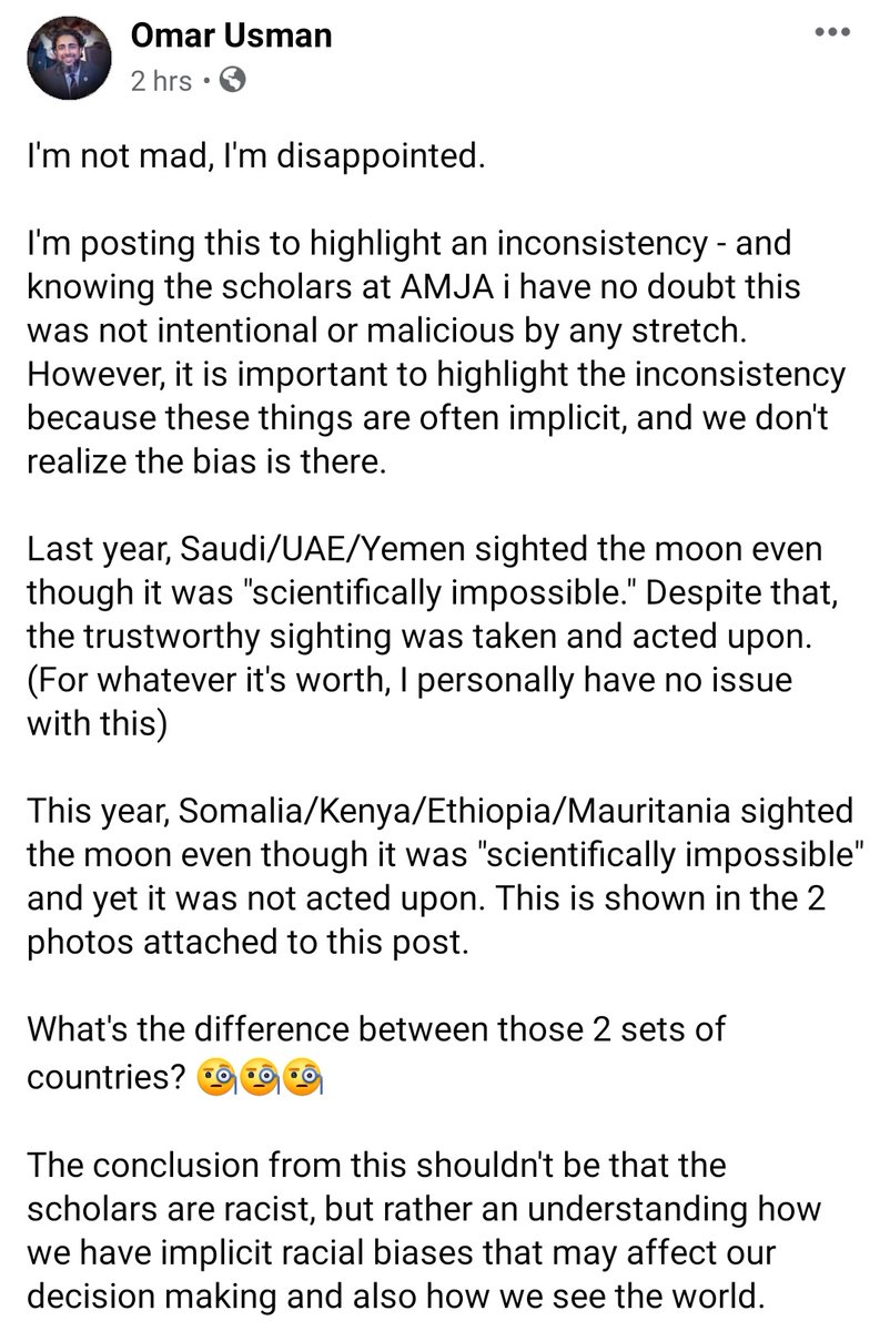 Another important point from Omar Usman: "Last year, Saudi/UAE/Yemen sighted the moon even though it was 'scientifically impossible.' Despite that, the trustworthy sighting was taken and acted upon."  https://www.facebook.com/23924961/posts/10110067540669830/