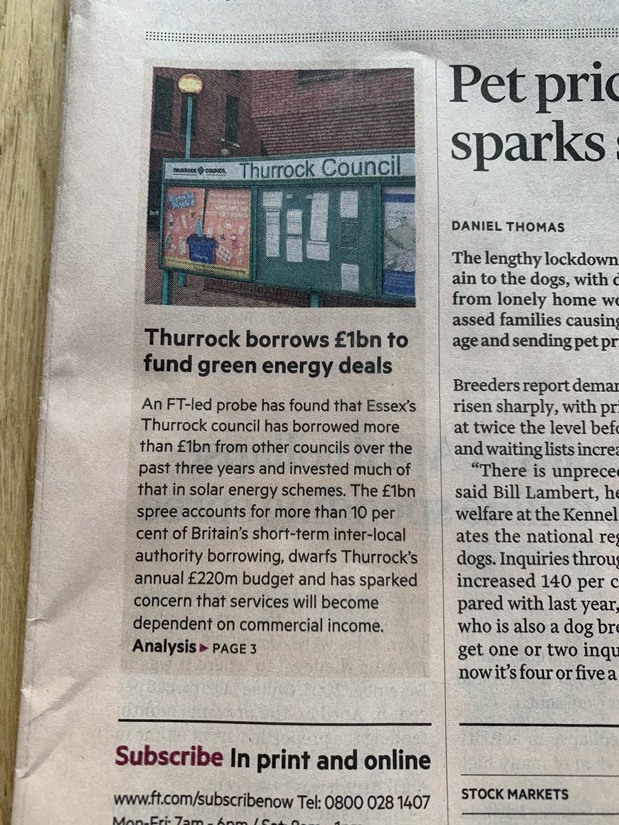 To cap a great week for  @bureaulocal &  @TBIJ our latest investigation into council investments makes the front of today’s  @FT and the entirety of Page 3!