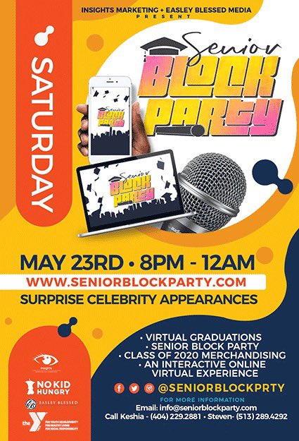 Are you a Senior? Do you know a Senior? This is a virtual experience, that you don’t want to miss! 

Go to seniorblockparty.com to get your FREE ticket! Viewers will be able to turn up with their Celebrity DJs and guest and celebrate the Class of 2020!