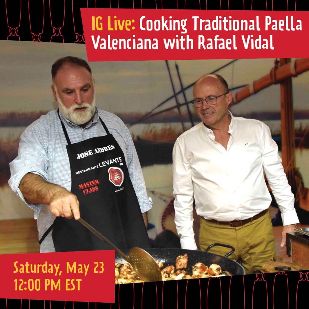chefjoseandres's tweet photo. Join me on IG Live this Saturday at 12:00 PM EST for a virtual class of Traditional Paella Valenciana 🥘 !!! Chef Rafael Vidal will be cooking a paella for 6 in 1 hour 👨🏻‍🍳 as we show you all the process and techniques you should know to cook it like a pro! 🔥🔥🔥 https://t.co/TFsE6u7qhP