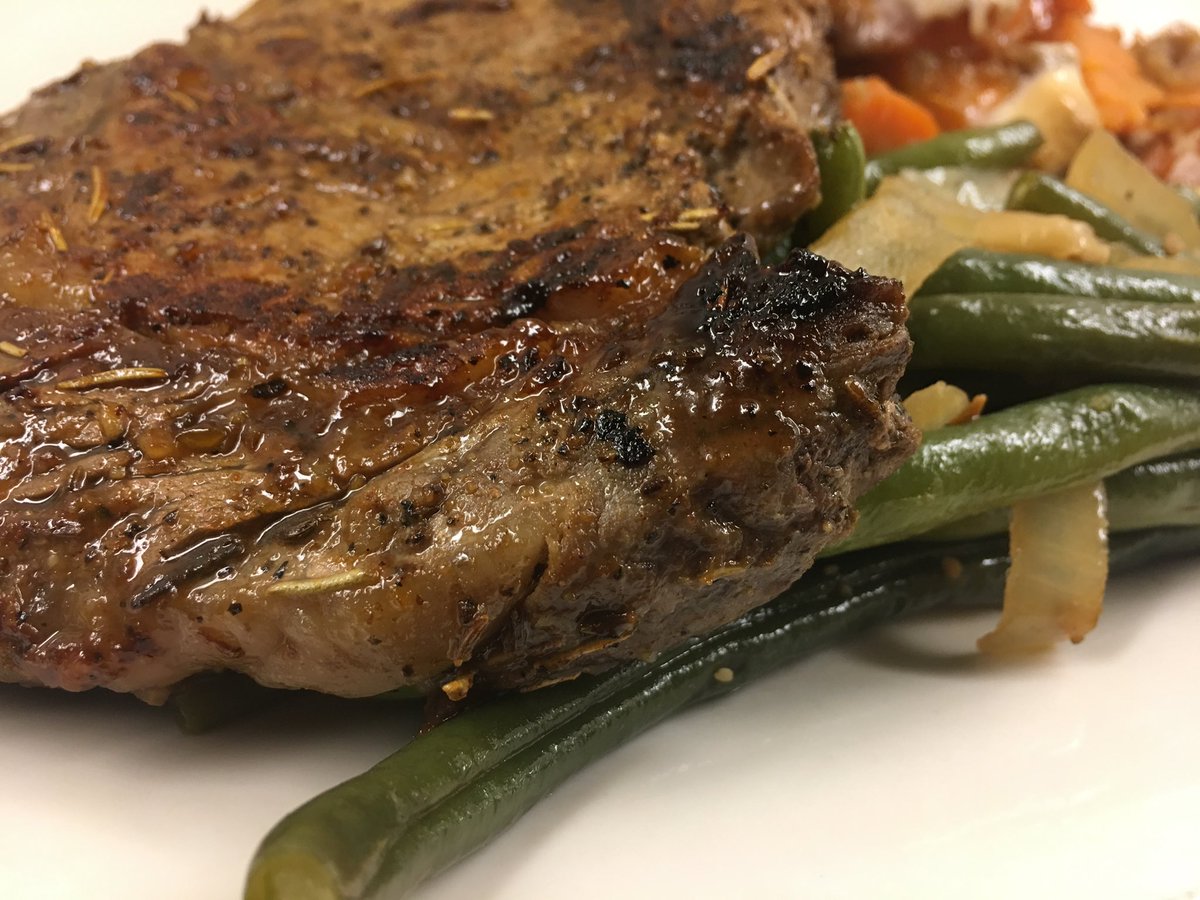 Apricot glazed ribeye with green beans and sweet potato casserole