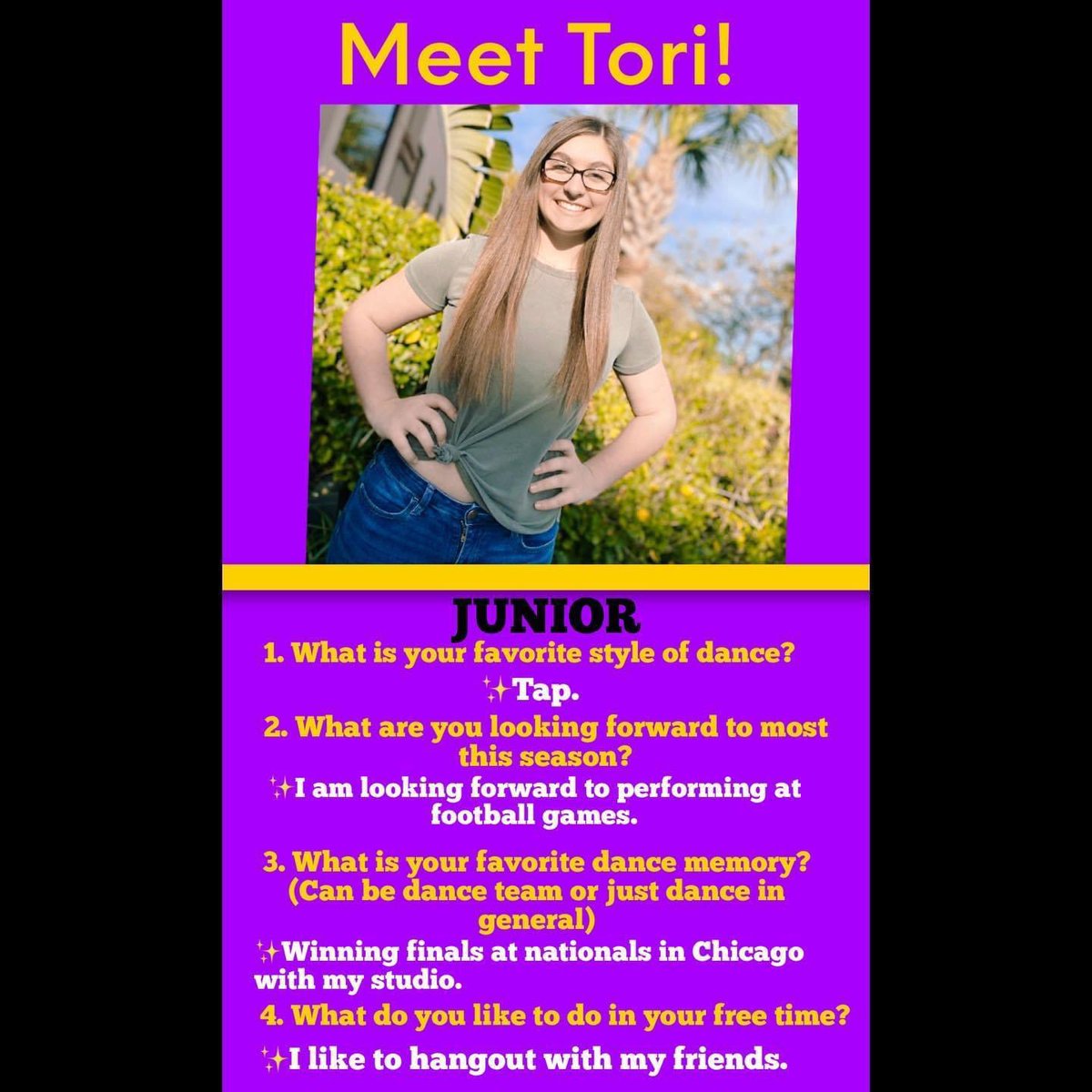 BeltonDance's tweet photo. Dancer Spotlight ✨• Meet Tori, she will be a junior on the 2020-2021 Belton Dance Team! 💜⚓️ https://t.co/tCoXeOMx12