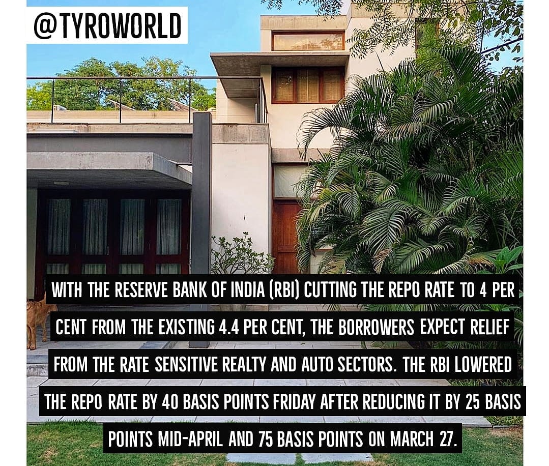 Tyroworld's tweet photo. With the RBI cutting the Repo rate to 4 percent from the existing 4.4 percent. The borrowers expect relief from the rate sensitive realty and auto sectors. 
@Tyroworld 
_
_ #tyro #tyroworld #RBI #india #indianews #news #enews #shortnews #tyro #tyroworld https://t.co/MxK8LOrPTb