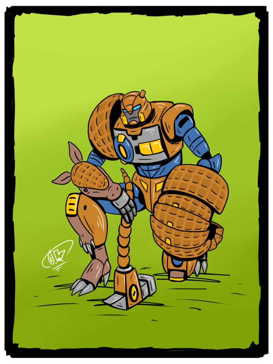  #beastwars Day 17! Really this time, keep losing track of the days.  @ChrisAField1 said armadillo+maximal+combatengineer. But already made an armadillo. How do I deal with repeat animals? Then it hit me. With the time-honored transformers tradition. The Repaint !  #dailydrawing