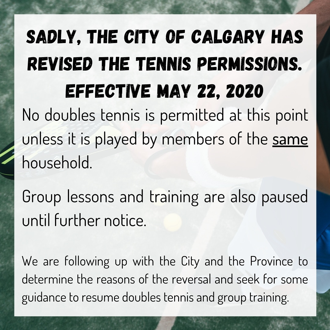 We heard a disappointing news from the City today. We will provide more updates and guidance once we know more. Thanks for your patience and support!
.
.
.
#yyctennis #calgarysport #relaunch #tennisupdate