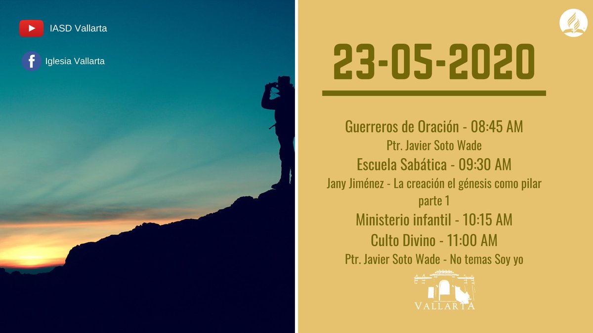 asdvallarta's tweet photo. Te invitamos a seguir nuestra transmisión el día de mañana a partir de las 8:45 AM  a través de nuestra redes sociales.
YouTube: IASD Vallarta  Facebook: Iglesia Vallarta
#FelizSábado #QuédateEnCasa #LaIglesiaEresTú #AdventistasRegiomontana #iasdvallarta @AdventistasDIA https://t.co/1Zhh1voCDu