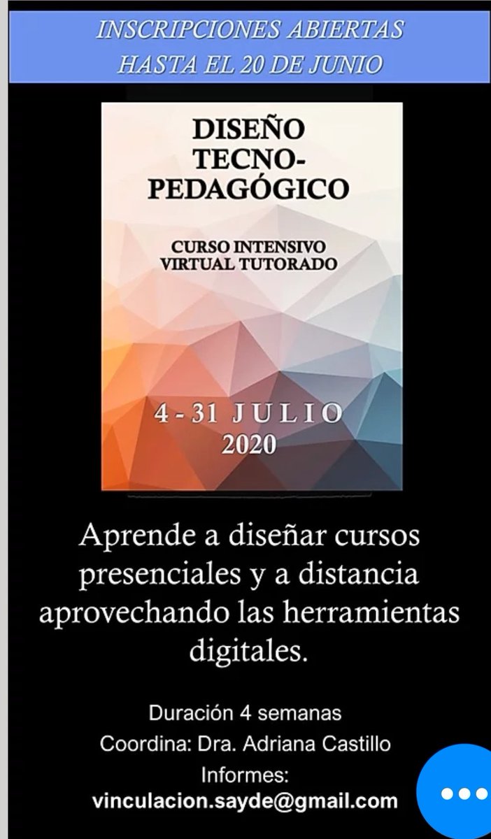 SAyDE_Consultor's tweet photo. #SAYDE los invita al curso #DisenoTecnopedagogico, a distancia virtual.
Coordina Dra. Adriana Castillo
Iniciamos 4 de julio.
https://t.co/chSPYftV8u https://t.co/ZNYvKfwUFi