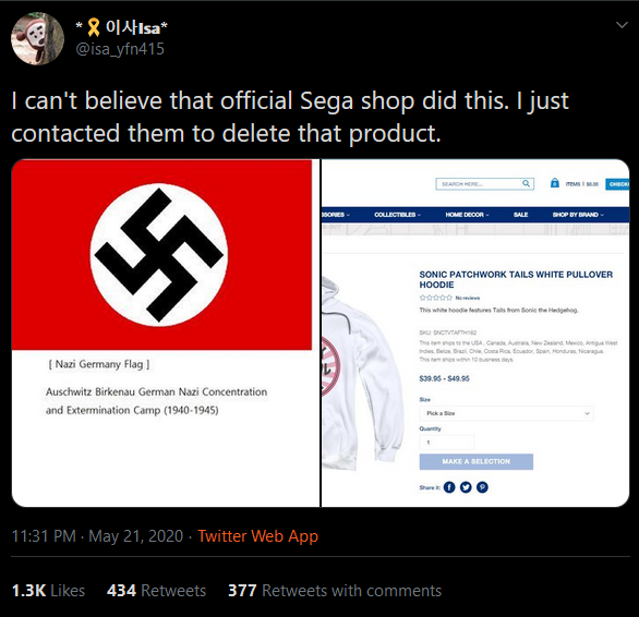 Scratch_Point_Z's tweet photo. These pathetic jackasses got a Sega hoodie removed because the design "reminded" them of something they want to pretend is causing them grief. I'm sick of these people thinking their insane hangups give them the right to take things away from others. https://t.co/pkMR8ela80